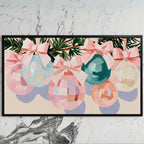 Pastel Christmas ornaments art on a black TV on a white marble wall