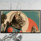 Vintage astronaut cat art on a black TV on a white marble wall