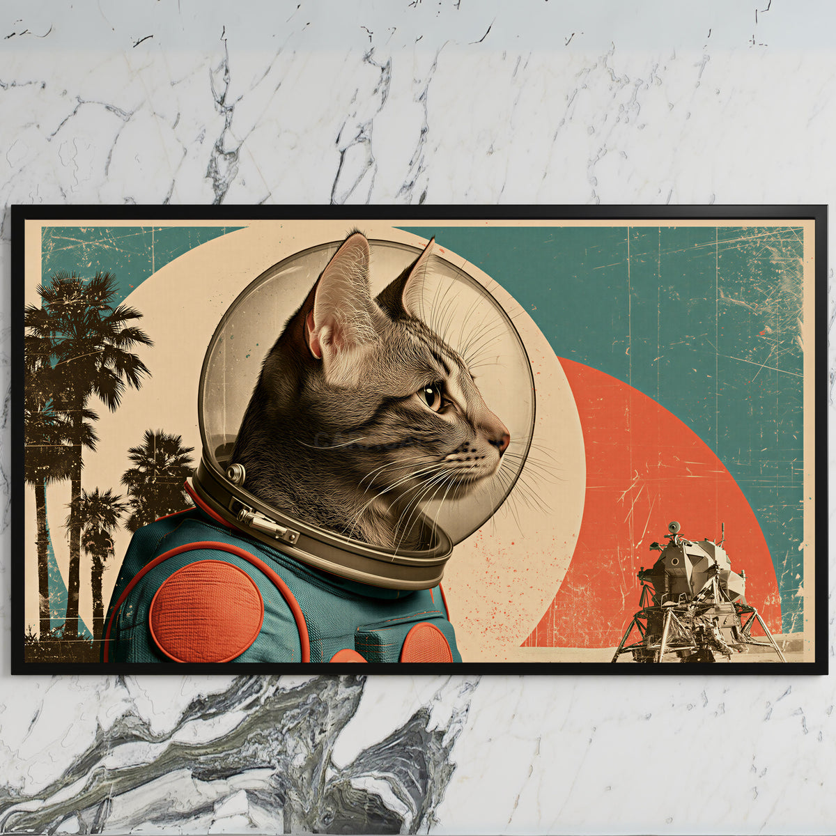 Vintage astronaut cat art on a black TV on a white marble wall