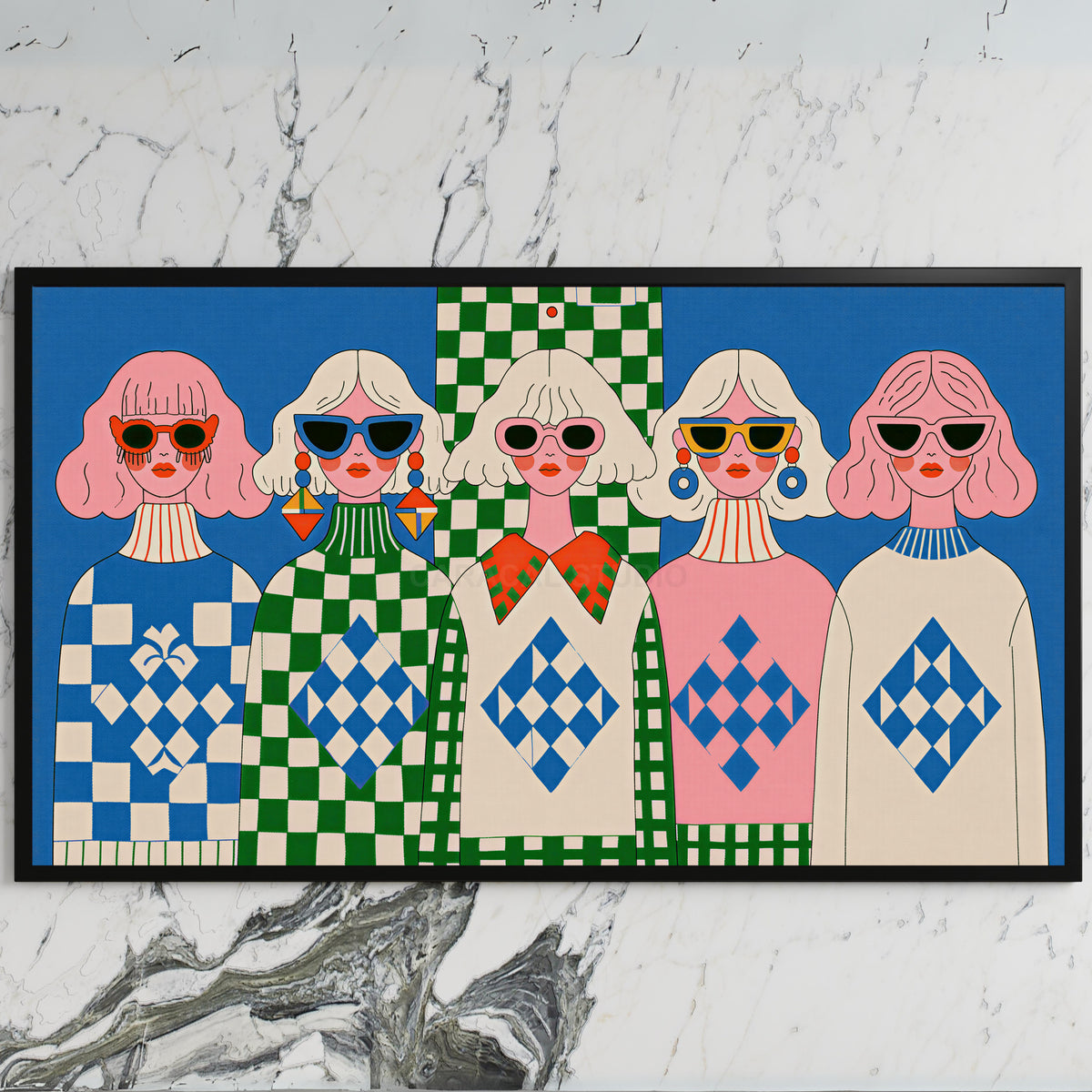 Retro women in sunglasses art on a black TV on a white marble wall