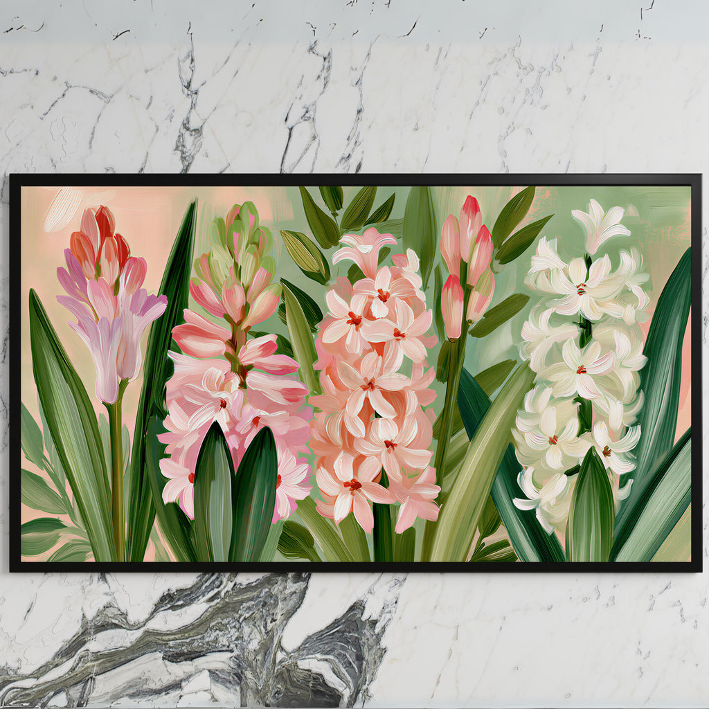 Spring hyacinths art on a black TV on a white marble wall