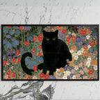 Black cat garden art on a black TV on a white marble wall