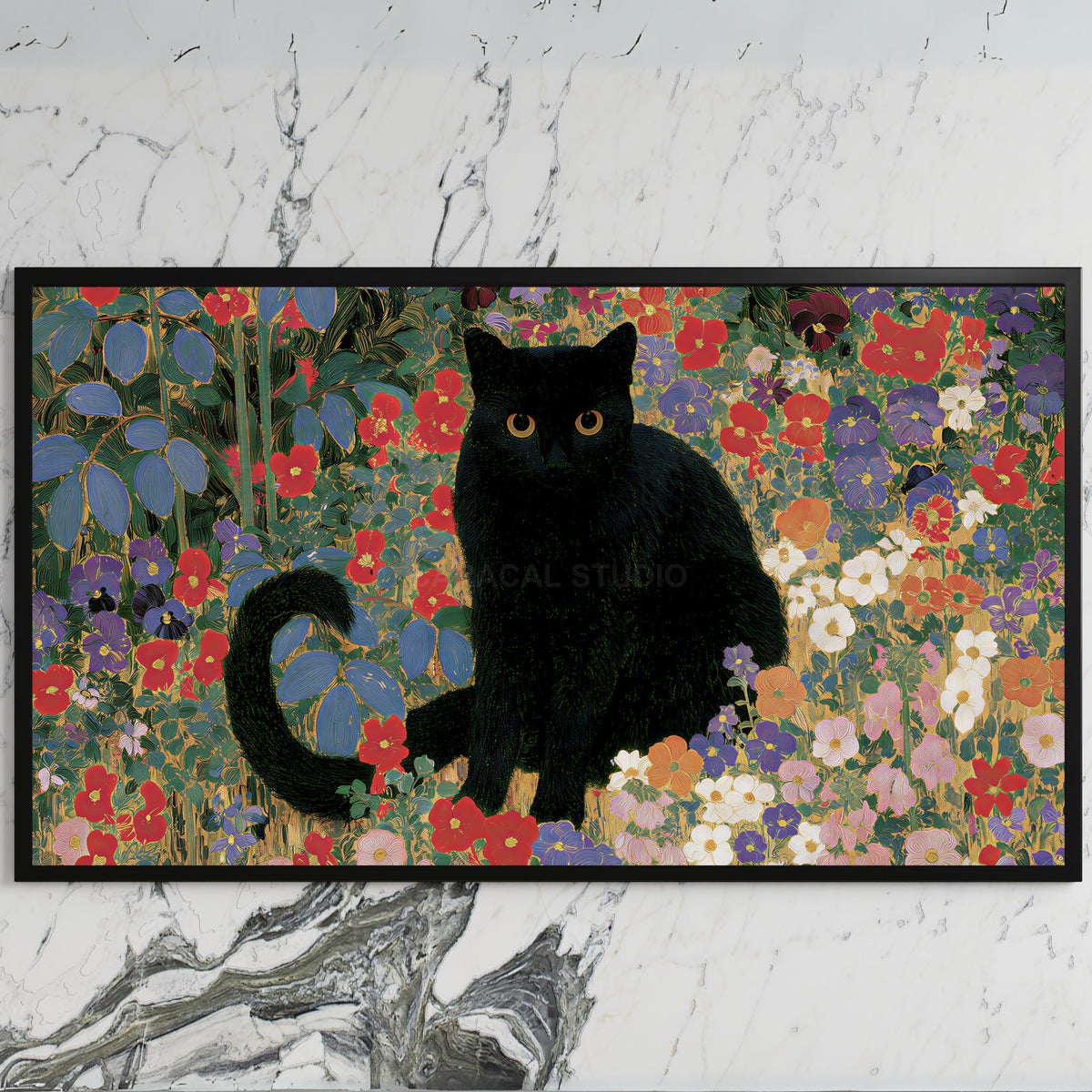 Black cat garden art on a black TV on a white marble wall
