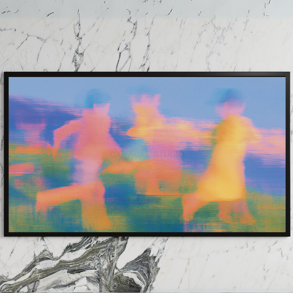 Blurred meadow runners art on a black TV on a white marble wall