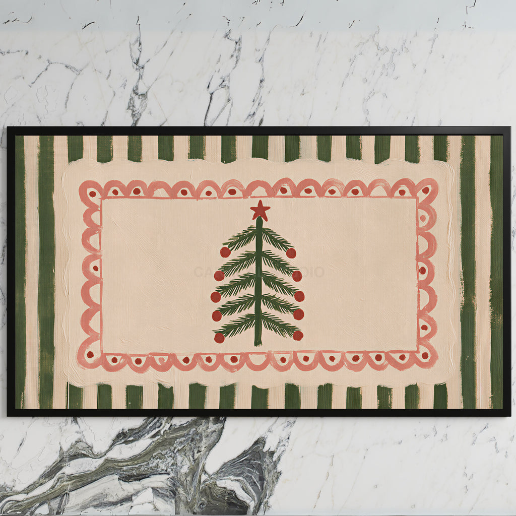 Folk Christmas tree art on a black TV on a white marble wall