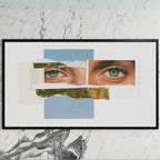 Eye collage art on a black TV on a white marble wall