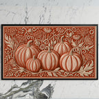 Folk art pumpkins art on a black TV on a white marble wall