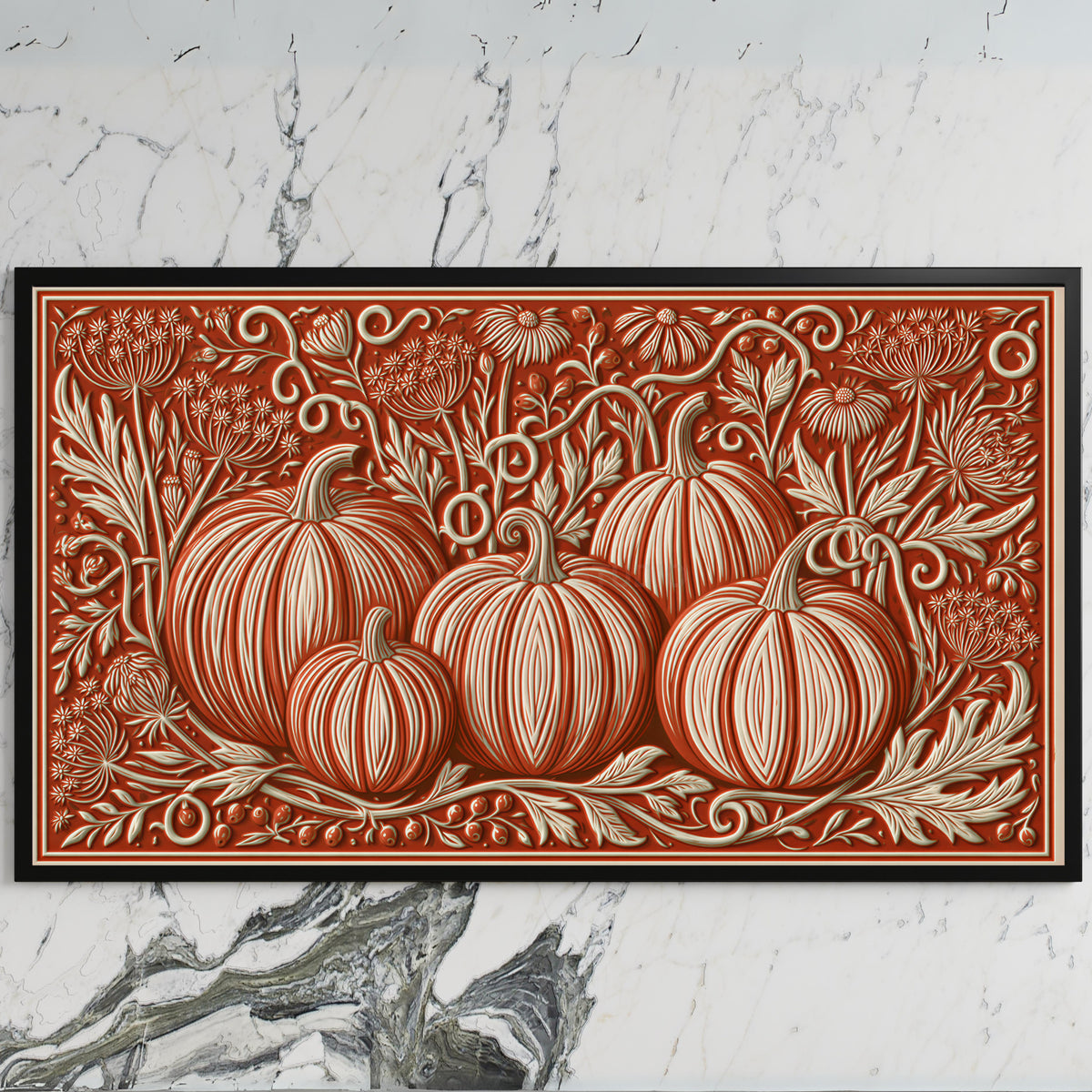 Folk art pumpkins art on a black TV on a white marble wall