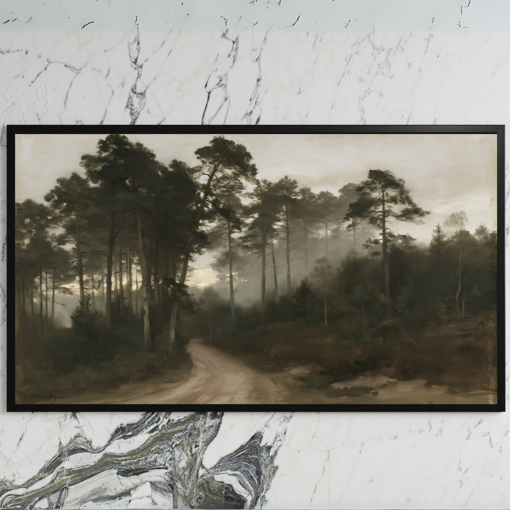 Misty pine forest path art on a black TV on a white marble wall