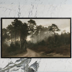 Misty pine forest path art on a black TV on a white marble wall