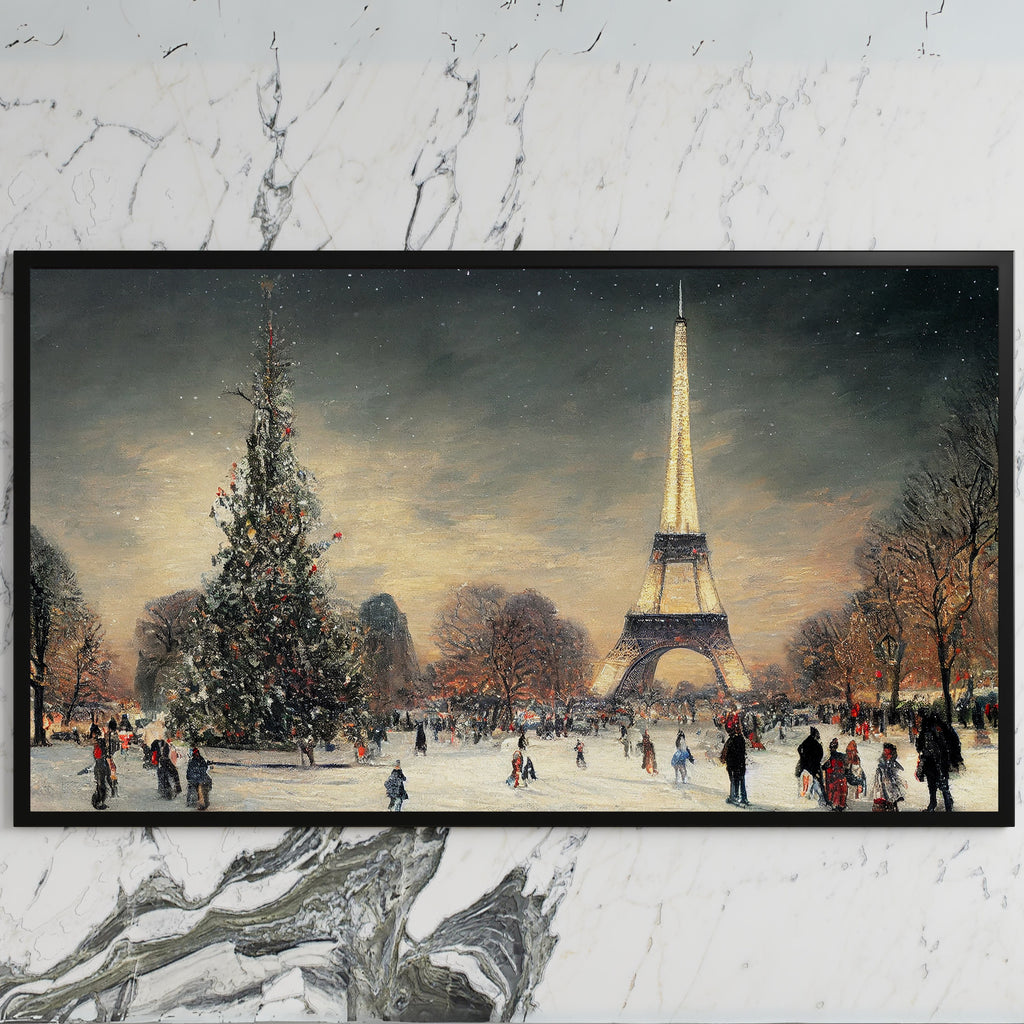 Paris in snow art on a black TV on a white marble wall