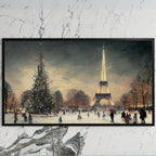 Paris in snow art on a black TV on a white marble wall