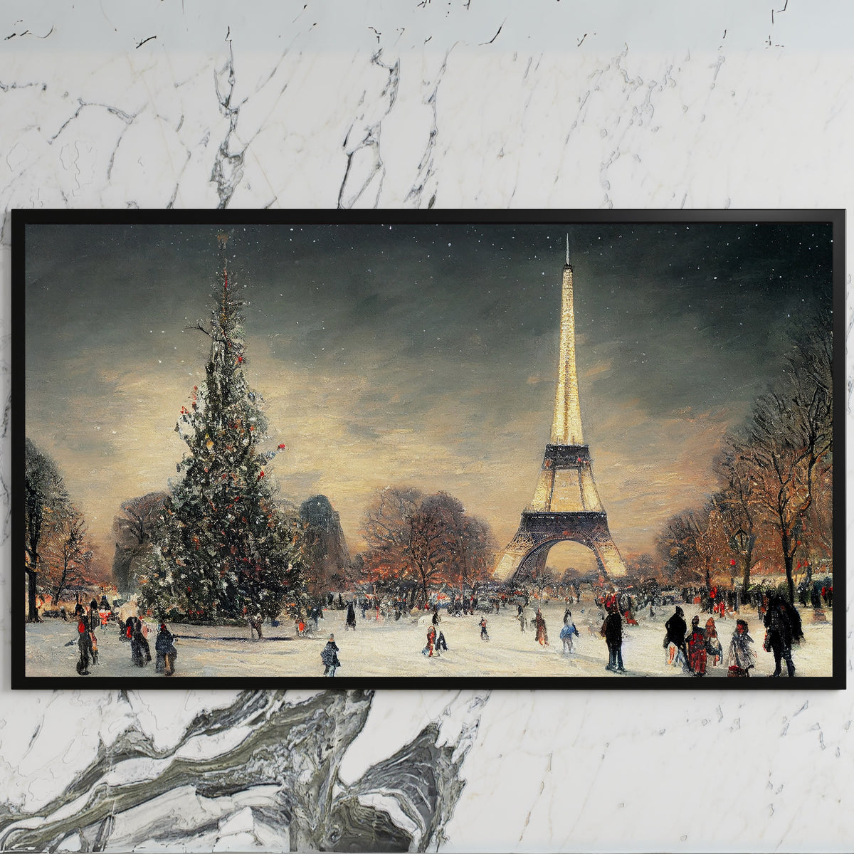 Paris in snow art on a black TV on a white marble wall
