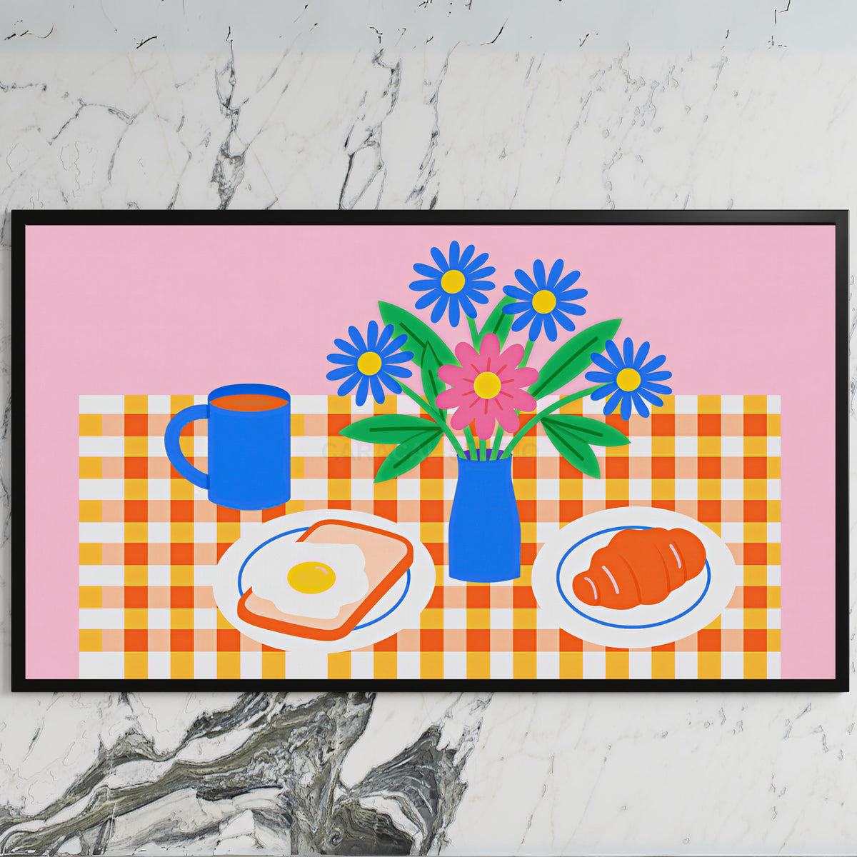Breakfast table with flowers art on a black TV on a white marble wall