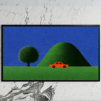 Red car by a green hill art on a black TV on a white marble wall