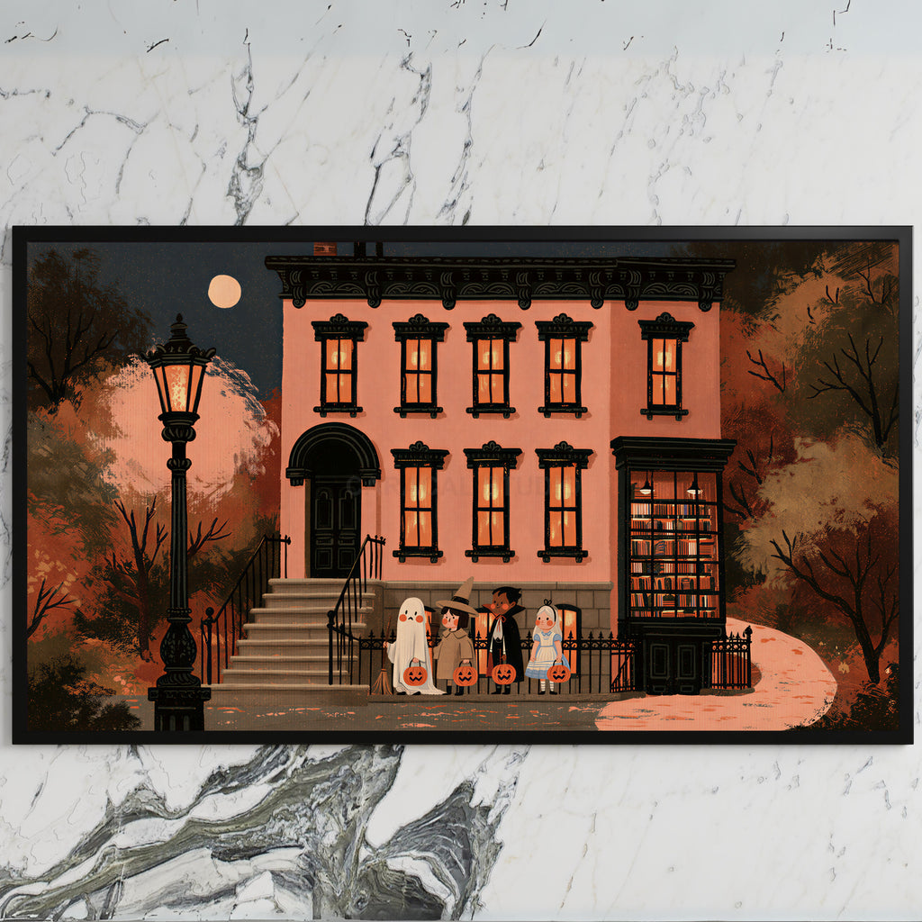Trick or treat brownstone art on a black TV on a white marble wall