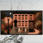Trick or treat brownstone art on a black TV on a white marble wall