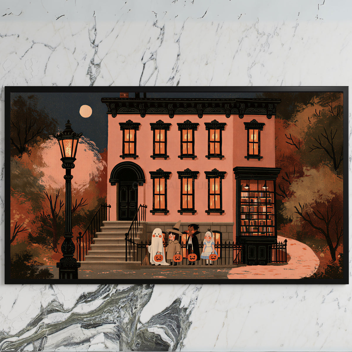 Trick or treat brownstone art on a black TV on a white marble wall