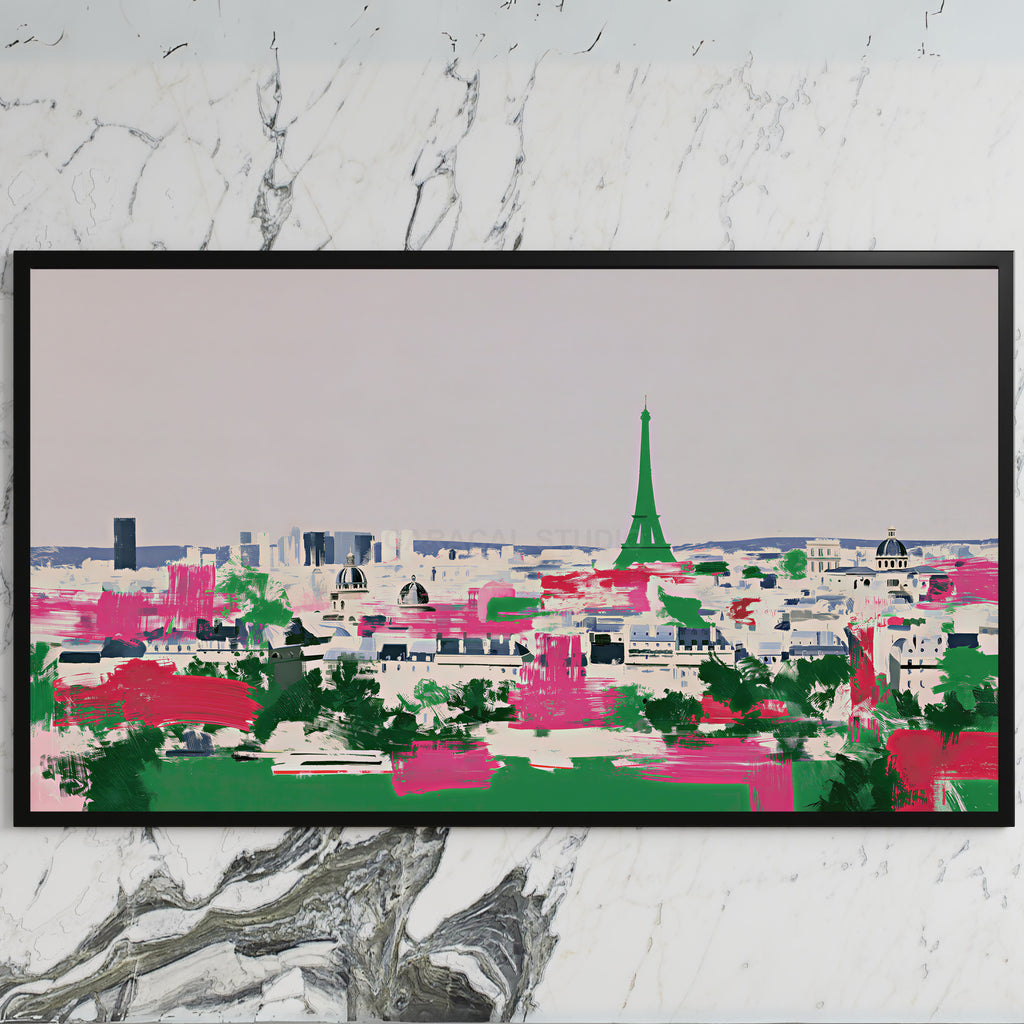 Paris skyline art on a black TV on a white marble wall