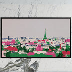 Paris skyline art on a black TV on a white marble wall