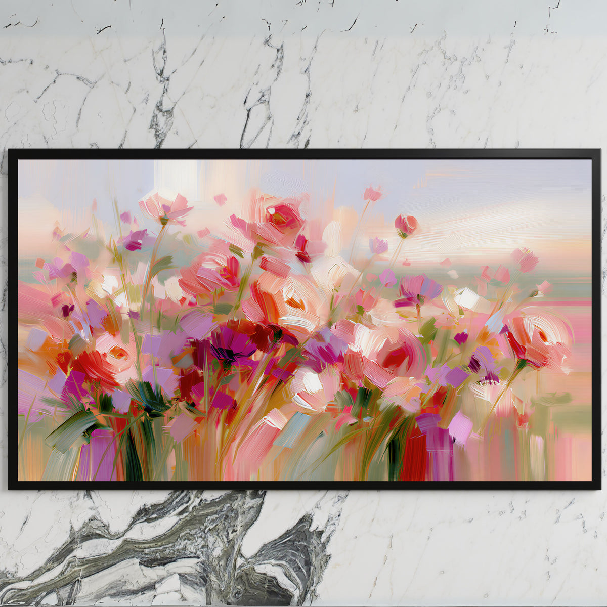 Pink wildflower meadow art on a black TV on a white marble wall