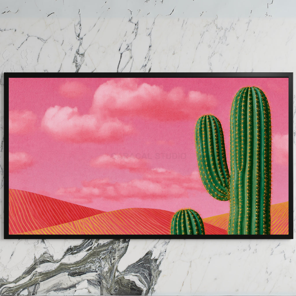 Saguaro cactus art on a black TV on a white marble wall