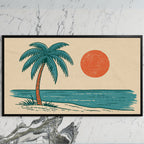Retro palm tree art on a black TV on a white marble wall