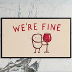 We're Fine wine doodle art on a black TV on a white marble wall