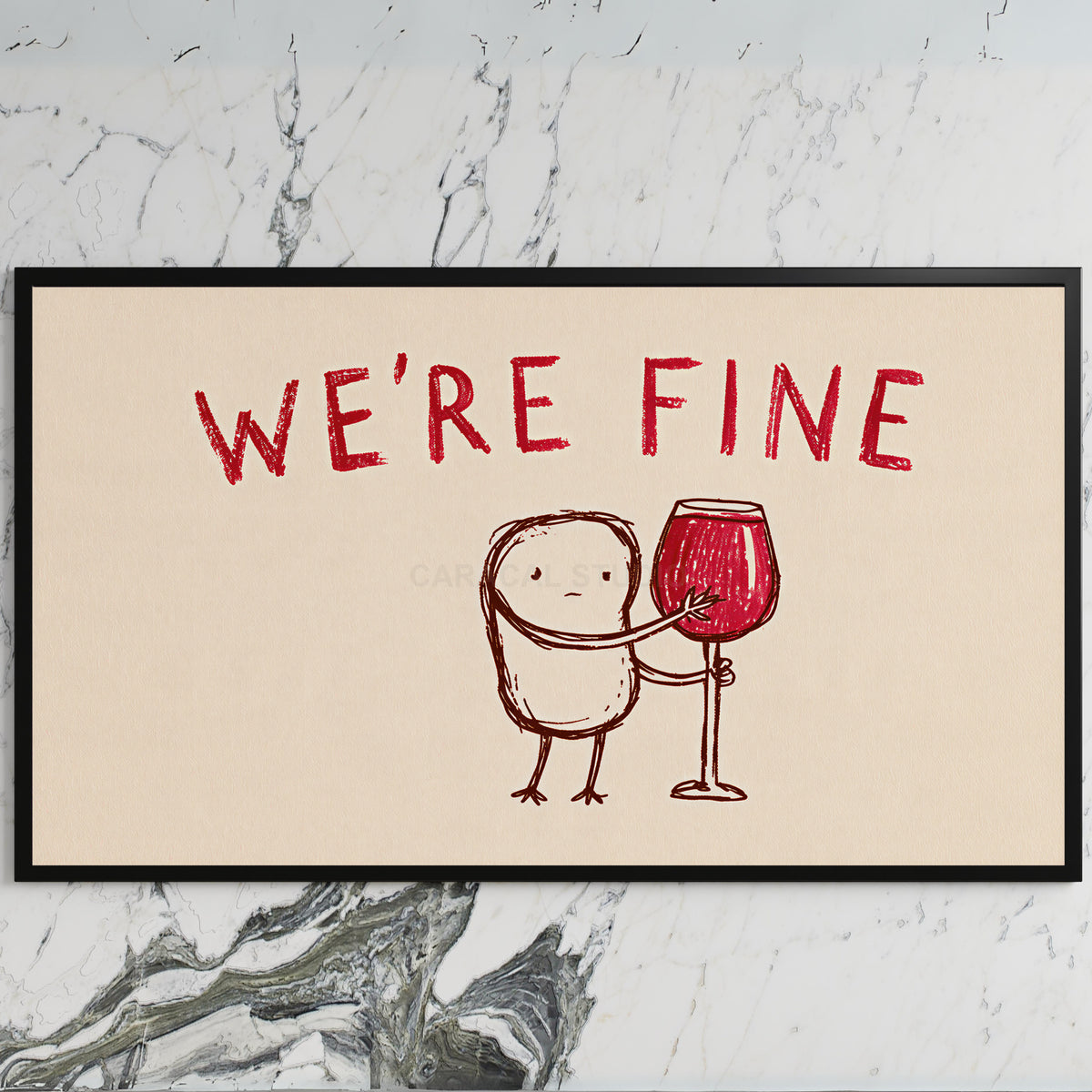 We're Fine wine doodle art on a black TV on a white marble wall