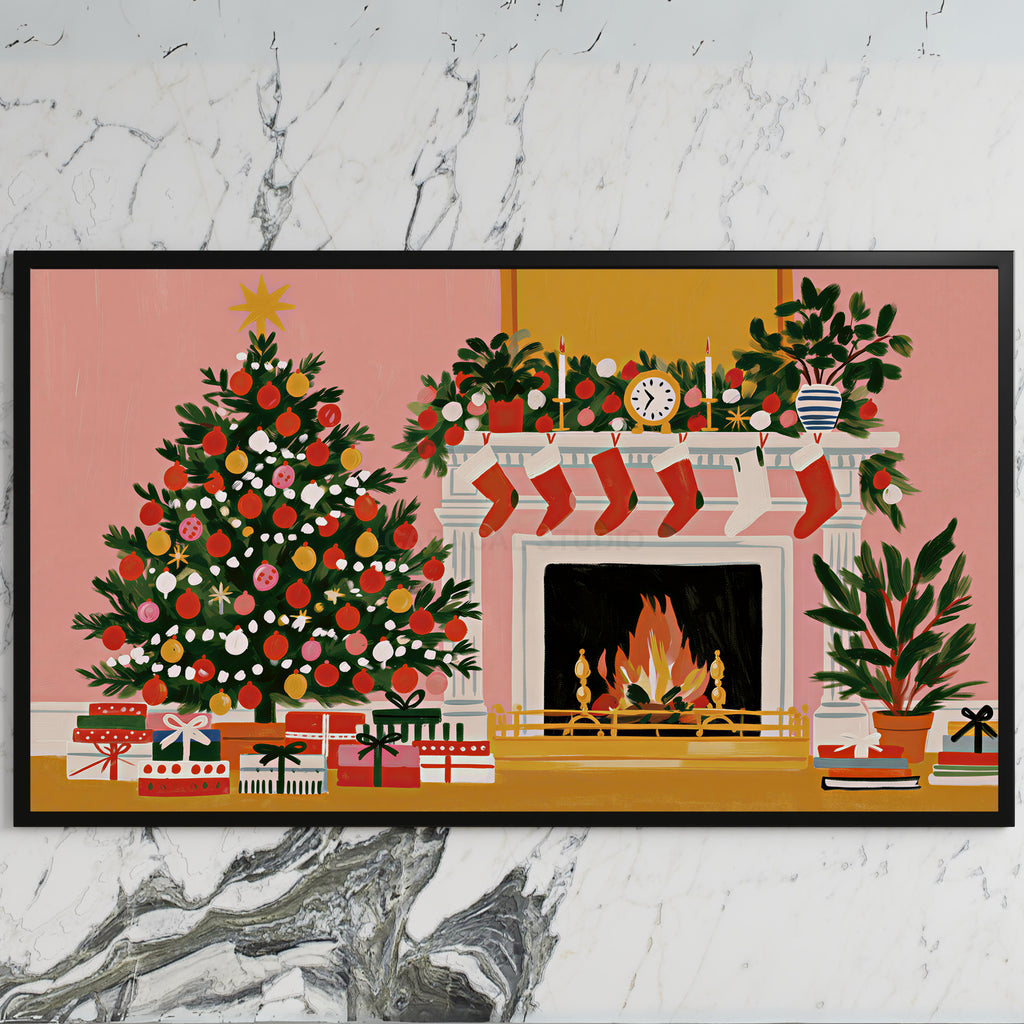 Tree and fireplace art on a black TV on a white marble wall