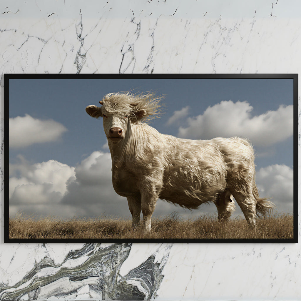 Windswept cow art on a black TV on a white marble wall