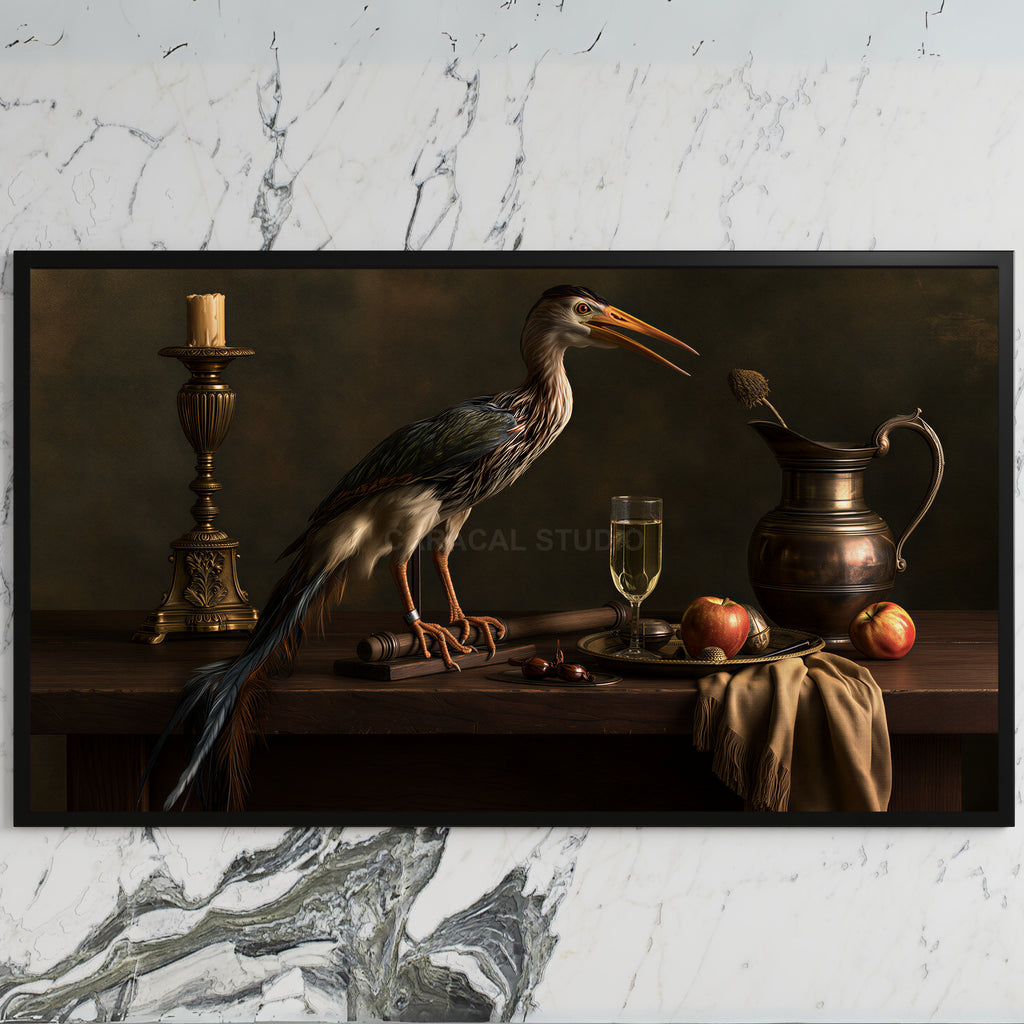 Heron still life art on a black TV on a white marble wall