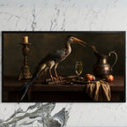 Heron still life art on a black TV on a white marble wall
