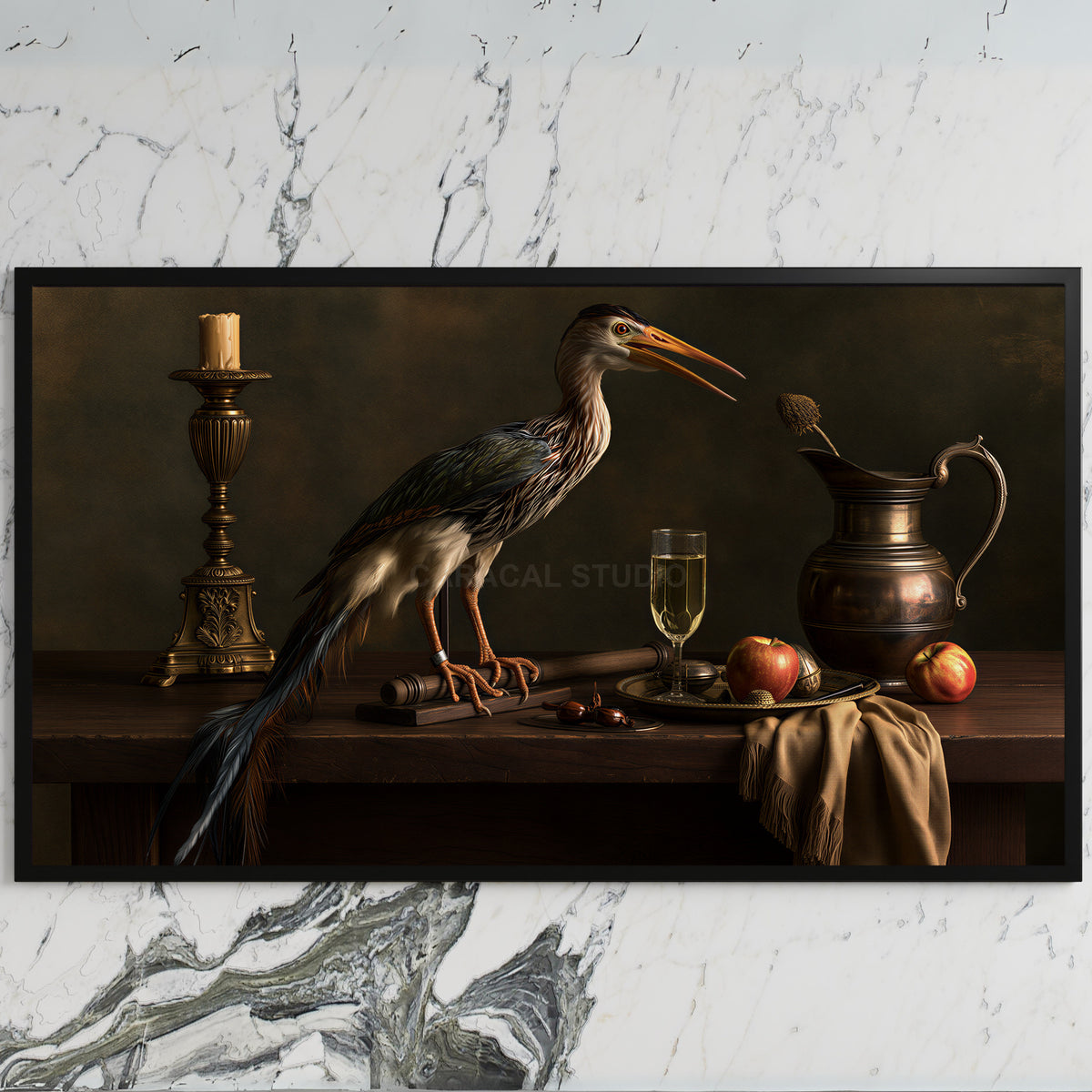 Heron still life art on a black TV on a white marble wall