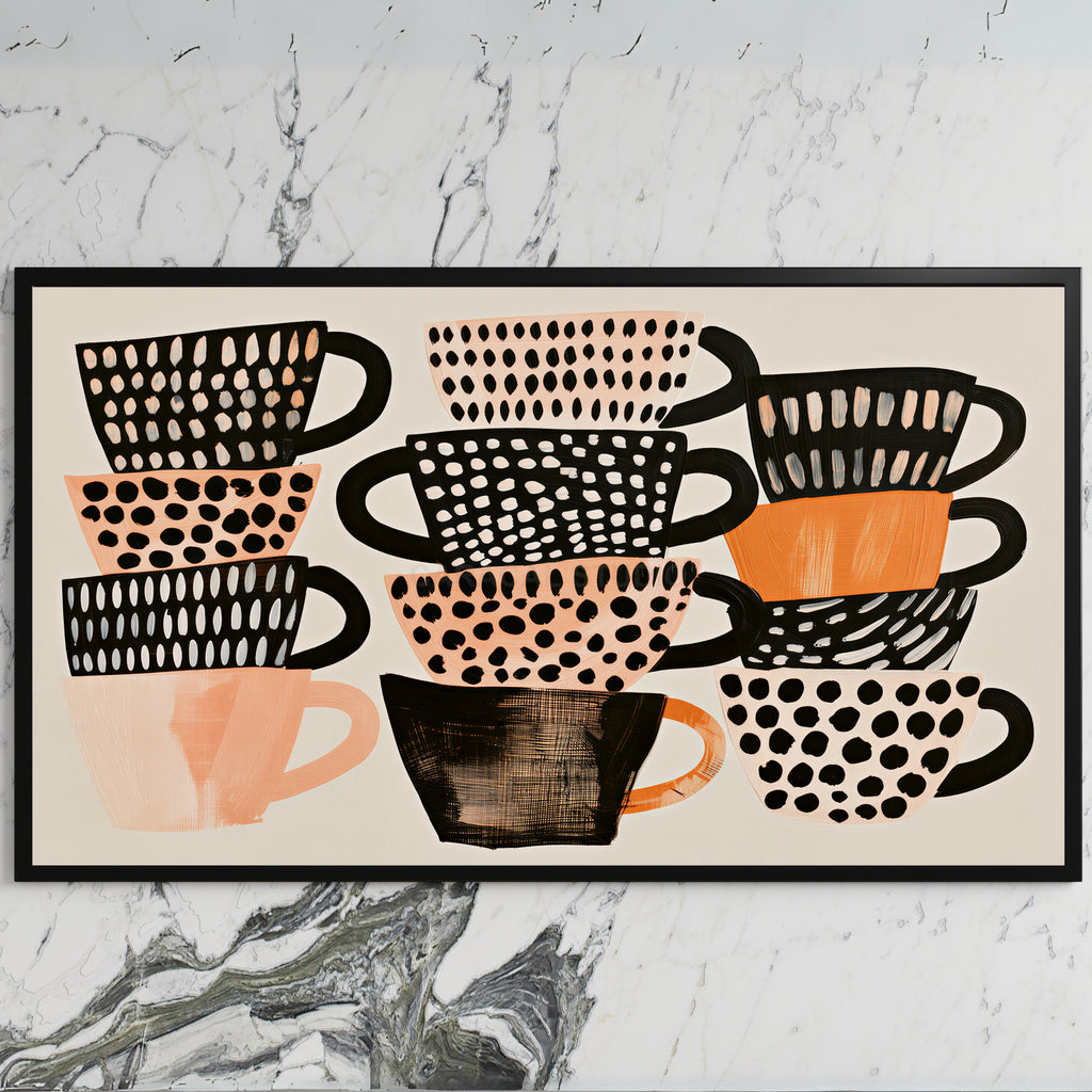 Stacked teacups art on a black TV on a white marble wall