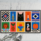 Mid century grid art on a black TV on a white marble wall