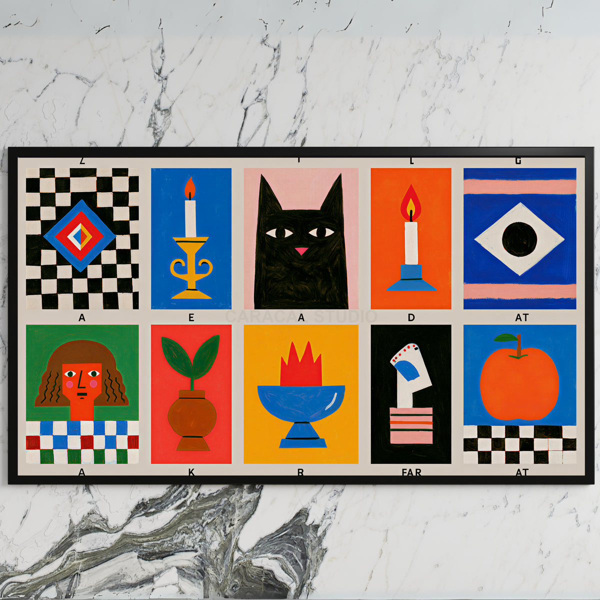 Mid century grid art on a black TV on a white marble wall
