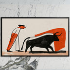 Matador and bull art on a black TV on a white marble wall