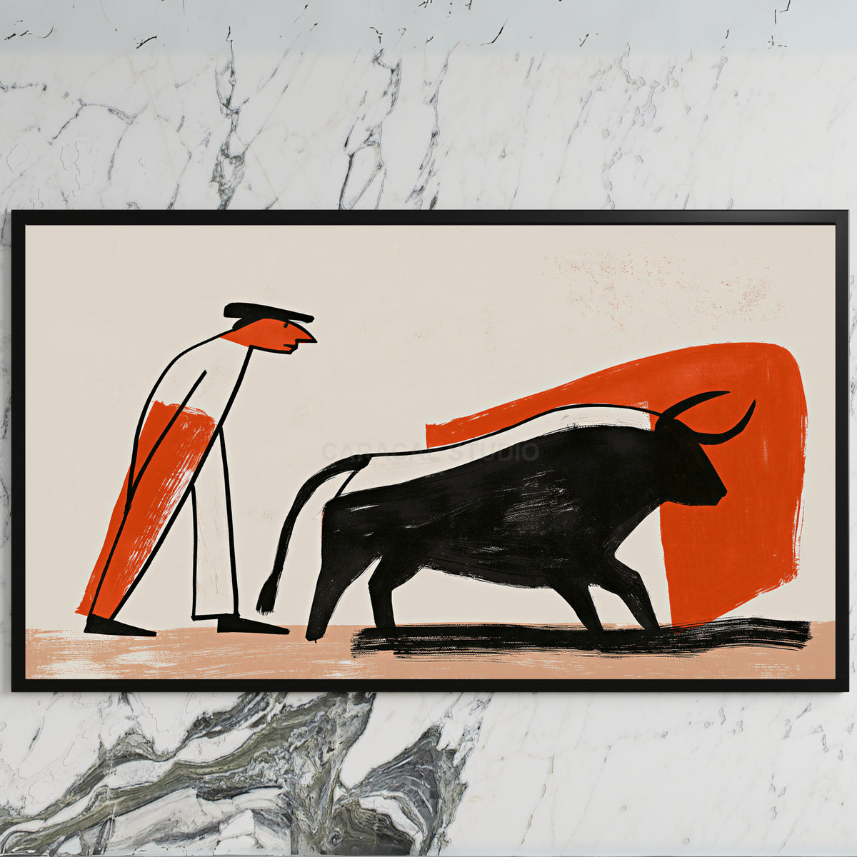 Matador and bull art on a black TV on a white marble wall
