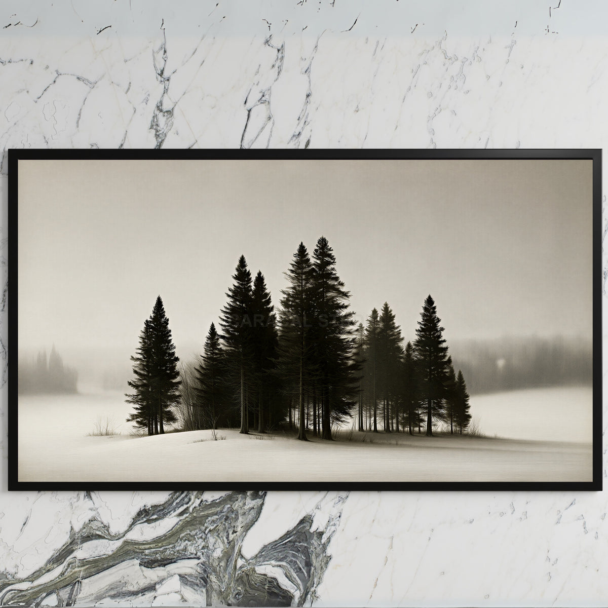 Snowy pine trees art on a black TV on a white marble wall