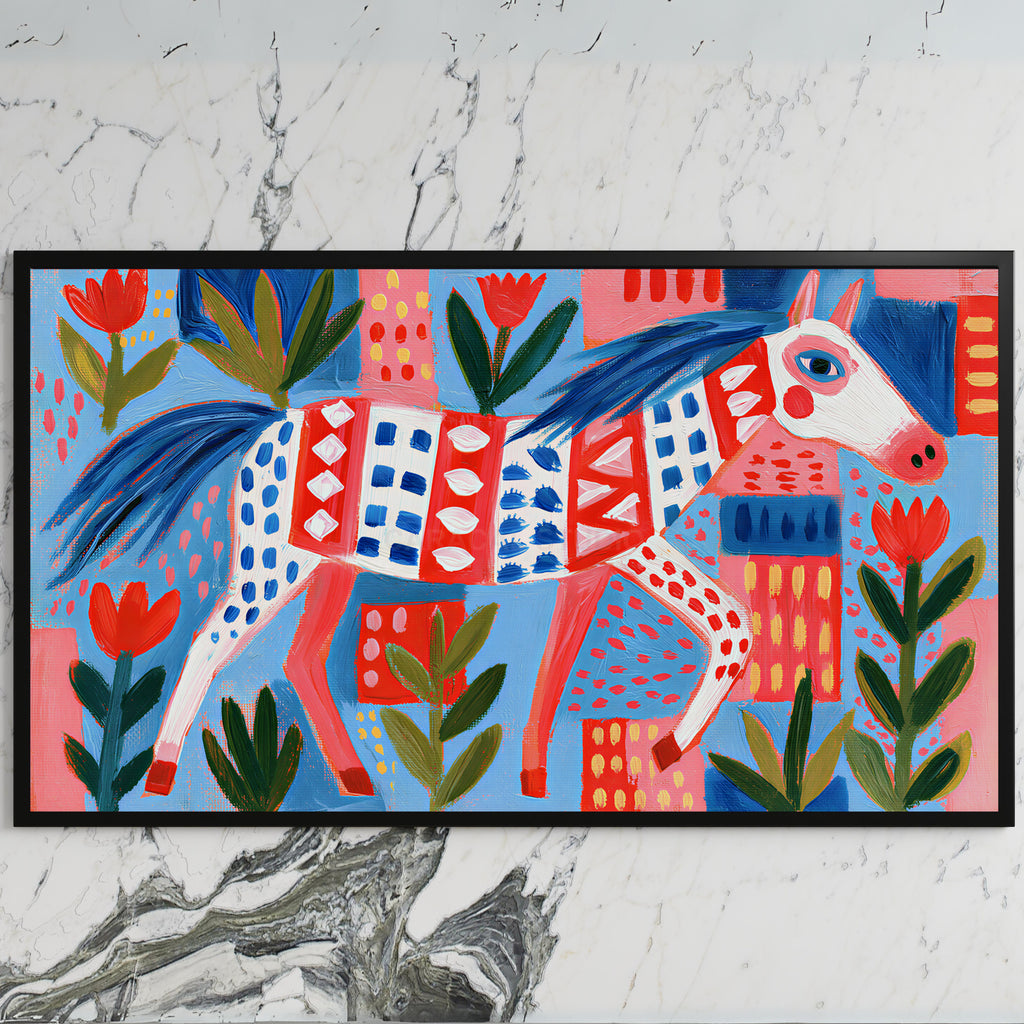 Folk art horse art on a black TV on a white marble wall