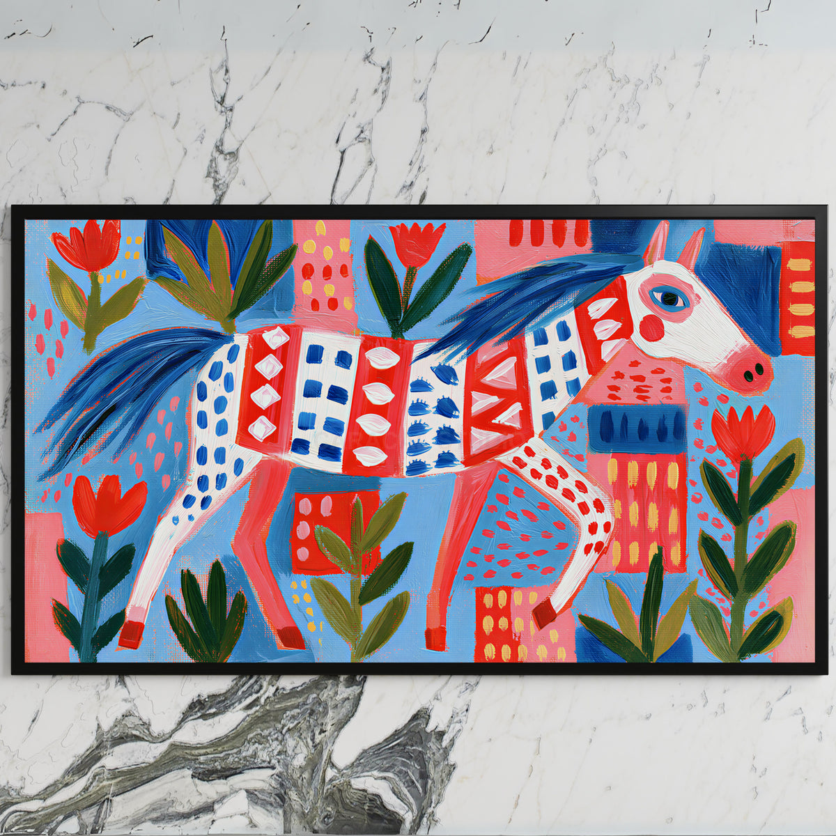 Folk art horse art on a black TV on a white marble wall