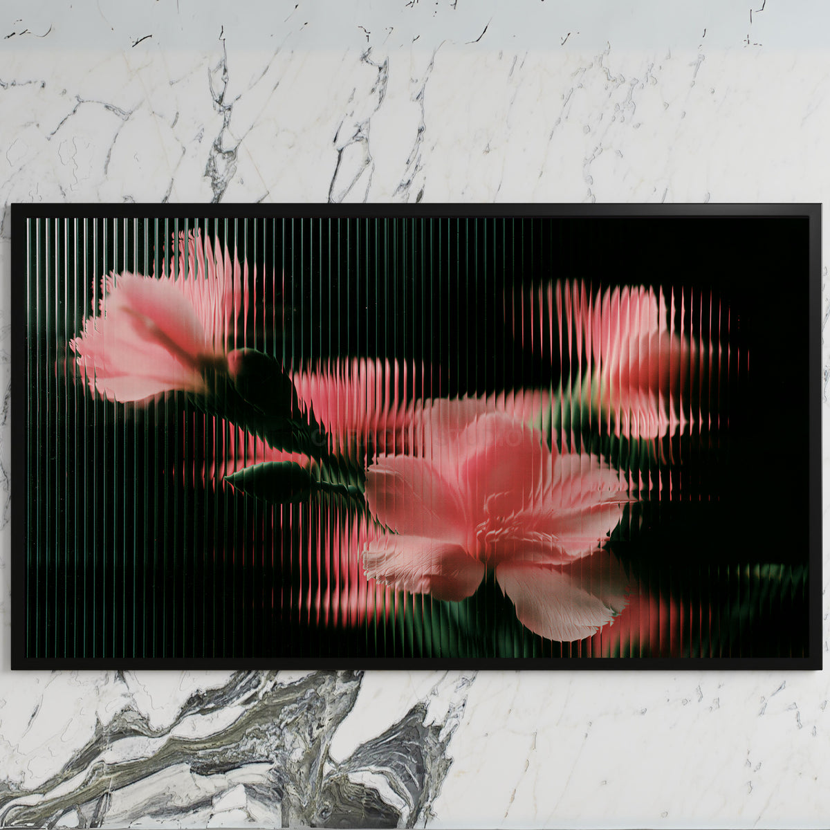 Ribbed glass flowers art on a black TV on a white marble wall