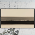 Ink wash horizon art on a black TV on a white marble wall