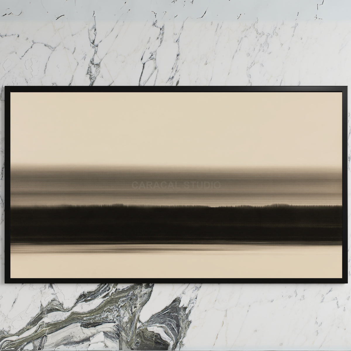 Ink wash horizon art on a black TV on a white marble wall