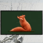 Fox and robin art on a black TV on a white marble wall