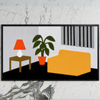 Mid century room art on a black TV on a white marble wall