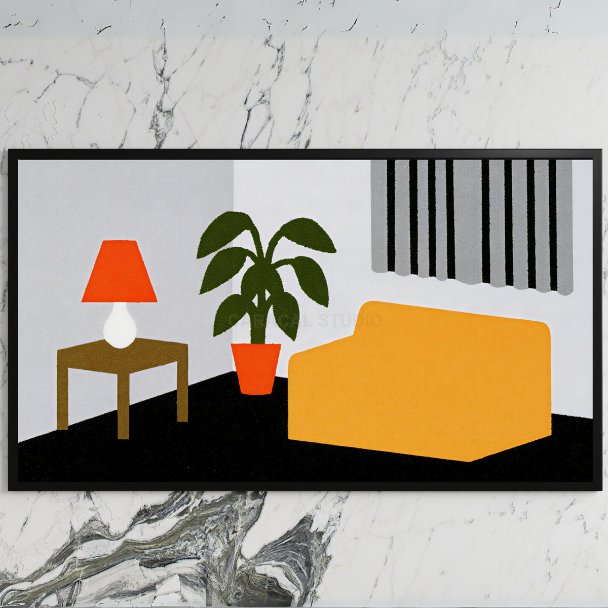 Mid century room art on a black TV on a white marble wall