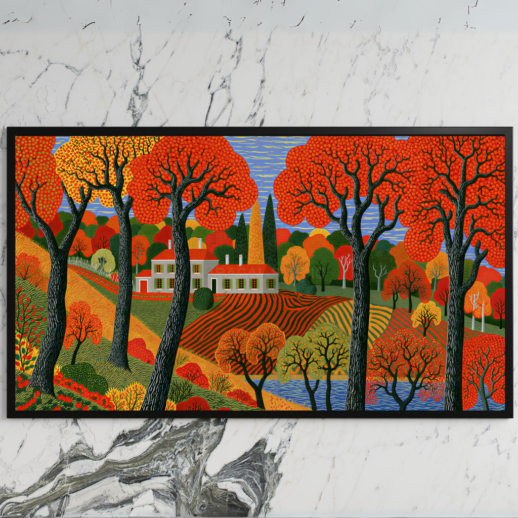 Folk art autumn farmhouse art on a black TV on a white marble wall