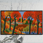 Folk art autumn farmhouse art on a black TV on a white marble wall